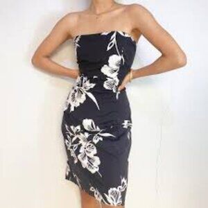 GAP Strapless Stretch Cotton Black White Floral Hawaiian print Sun dress 10 ✩